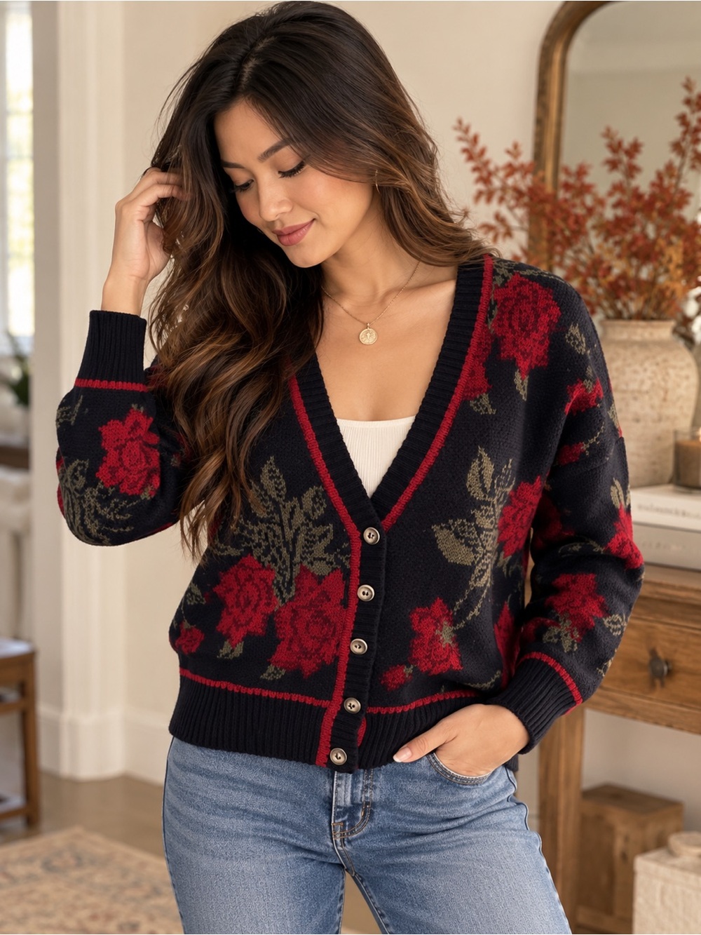 VTG J.G Hook Floral V-Neck Button Cardigan Sweater - Navy & Red Romantic, Autumn